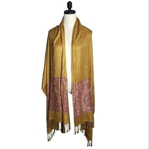 Wrap Scarf Ropana 80 x 28" Mustard Jacquard  Exotic Woven Design Boho Cabin Arts